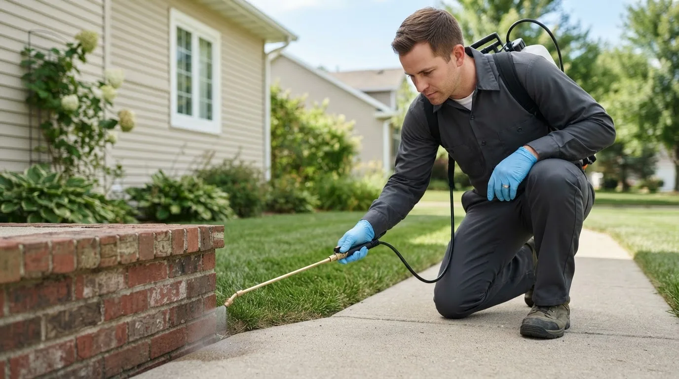 Pest control technician treating a home near Drakes Branch, VA